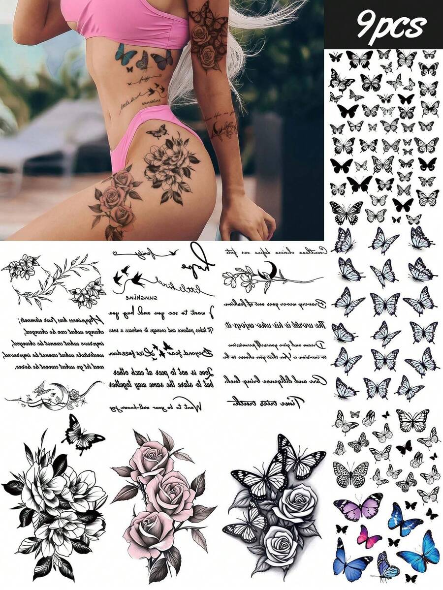 STARTTOOS 9pcs/Set Assorted Pink Rose Flower, Butterfly, Words Temporary Tattoos, Suitable For Arms, Legs, Shoulders, Neck, Collarbone, Daily, Party, Holiday Gifts - Multicolor - View 1
