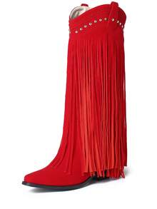 Cowgirl Womens Fringe Boots Fashionable Pointed Toe Chunky Heel Rivets Boots Punk Rivets Block Heel Boots Comfortable Western Tassel Cowboy Boots For Dress Party - Red - View 9