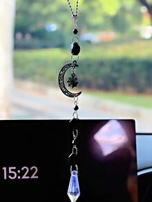 Halloween Gothic Car Rearview Mirror Hanging Ornament Black Moon Spider Web Crystal Suncatcher For Car Interior Decoration - Black - View 5