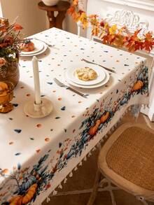 1pc Happy Thanksgiving Day Rectangular Tablecloth, Blue & Yellow Pumpkin Print, 3D Bamboo Texture, Beige Tassel Fringe, Washable, Coffee Table/Round Table Cover, Dining Table Decor, Home Decor, Suitable For Dining Room, Meals, Gatherings, Parties And Holiday Events, Autumn Decor, Thanksgiving Decor, Harvest Festival Gift - Blue and Yellow Pumpkins On Both Sides - View 11
