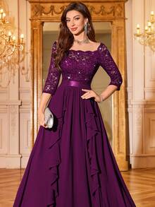 MIUSOL Sequin Floral Lace V-Neck 3/4 Sleeve Chiffon Ruffle Hem Formal Party Maxi Dress Wedding Spring - Maroon - View 9