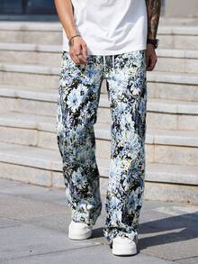 Men's Casual Fashion Versatile Street Style Hip-Hop Loose Floral Print Wide Leg Casual Pants - 藍色 - 查看 4