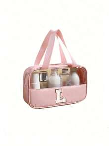 1 pièce Sac de maquillage organisateur en PVC transparent, design de lettre, sac de maquillage portable et imperméable, sac de toilette minimaliste avec patch initial, cadeau pour maman, sac de plage, accessoires de plage, serviette de plage, fournitures de plage, sac de vacances, indispensable pour les vacances d'hiver et d'automne, cadeau de la Saint-Valentin