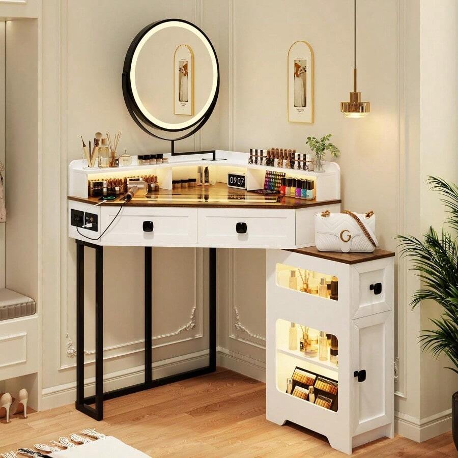 Vlsrka Tocador Vanity de Esquina con Espejo Luz LED y Taburete Taquillas y Compartimentos de Lona Tocador para Recamara con Estacion de Carga Blanco Vintage - Blanco - Ver 1