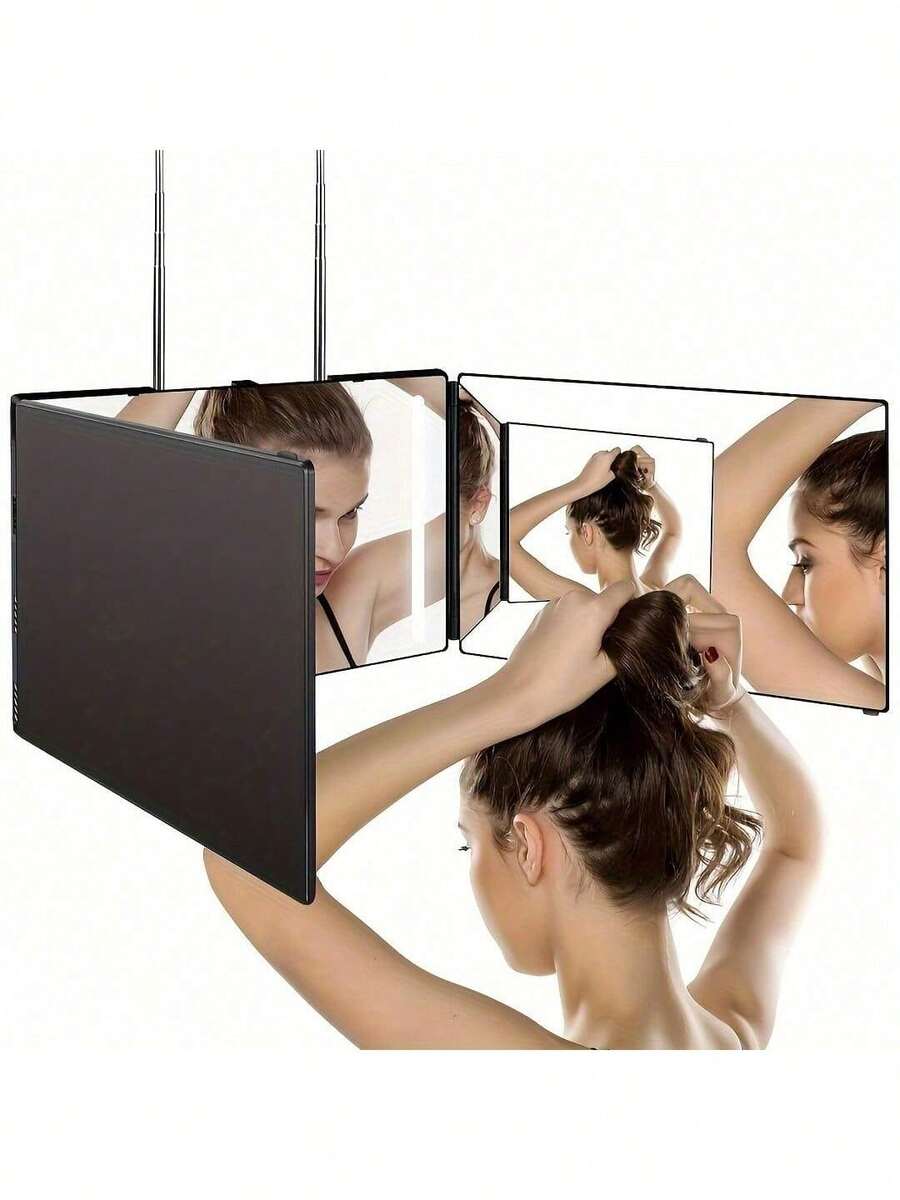 Espelho Triplo - Vidro Genuíno | Espelho Triplo para Cortes e Penteados | Ferramenta de Corte de Cabelo DIY para Aparar, Cortar ou Raspar a Cabeça e a Nuca em Casa | Ajustável, Portátil, Penteado Sem Esforço - Espelho de Maquiagem Triplo Multifuncional, Adequado para Homens e Mulheres - Perfeito para Maquiagem, Penteados, Edição Preta | Design Mãos Livres | Barato | Ótimo para Presentear | Maquiagem | Ferramentas de Maquiagem | Presentes Baratos | Presentes para Mulheres | Presentes de Natal