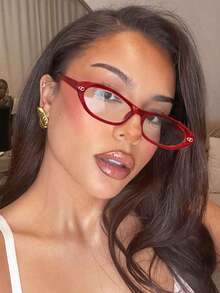 1pc Small Frame Oval Cat Eye Fashion Glasses Frame Transparent Glasses Clear Glasses Metal Accessories Retro Personalized Versatile Men And Women's Fashion Glasses Frame Clear Glasses Suitable For Daily Wear Street Photography Reading Writing Commuting Vacation Tourism Beach Accessories - 紅色 - 查看 5