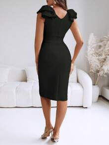 ChicMe Women Deep V Neck Sleeveless Midi Dress With Bowknot Slit Bodycon Ruched Cocktail Party Wedding Guest Dress