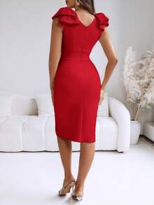 ChicMe 优雅褶皱深V领中长连衣裙，饰有蝴蝶结，高开衩无袖修身鸡尾酒会及婚礼宾客礼服 - 紅色 - 查看 3