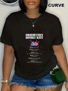 Camiseta negra de algodón de 180 g con cuello redondo y estampado de crochet para mujer. Divertida camiseta con un diseño atrevido de lista de precios de prendas de punto. Top informal de manga corta, ideal para amantes del crochet y entusiastas de la moda. Cómoda prenda para verano y otoño. Tallas grandes disponibles. - Negro - Ver 2