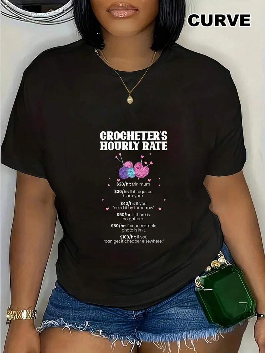 Camiseta negra de algodón de 180 g con cuello redondo y estampado de crochet para mujer. Divertida camiseta con un diseño atrevido de lista de precios de prendas de punto. Top informal de manga corta, ideal para amantes del crochet y entusiastas de la moda. Cómoda prenda para verano y otoño. Tallas grandes disponibles.