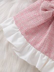 2pcs Baby Girls' Fashion Cute Casual Set - Bow Decor Mock Neck Top + Bow Pleated Skirt, Pink