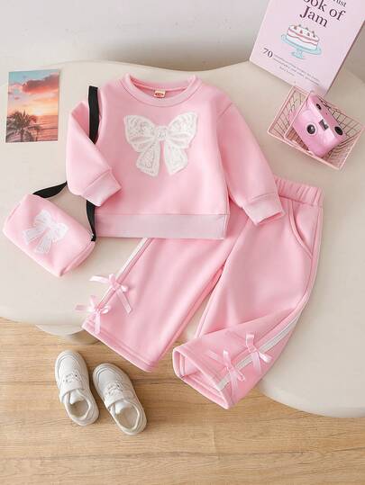 女婴时尚休闲粉色卫衣套装，蝴蝶结装饰羊毛粉色卫衣 + 蝴蝶结针织羊毛裤