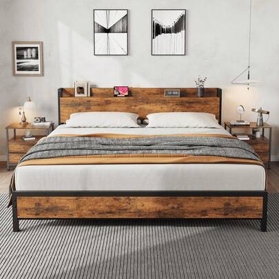 Cama Danolapsi de tamaño completo, Cama Queen, Cama King de plataforma con cabecero y piecero de madera, sin necesidad de caja de resortes, espacio de almacenamiento debajo de la cama