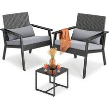 3-Piece Wicker Small Outdoor Patio Furniture Set With Glass Table For Balcony, Porch, And Garden (Gray) - 米色 - 查看 10