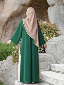 Fashion Women's Casual Solid Color Loose Round Neck Zipper Long Robe Dress Casual, All-Season Wear (No Headscarf Included), Modest Apparel