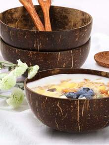 1 bol de servire în formă de nucă de cocos, bol din lemn pentru fulgi de ovăz, salată, masă ușoară și micul dejun