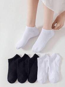 5/6/10双装女士简约黑白弹力腰带透气防臭短袜，百搭日常穿着 - 彩色 - 查看 4