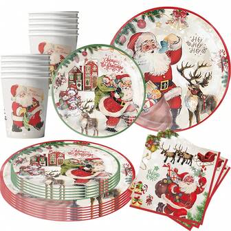 A Set Of 30/40/50 Retro Watercolor Christmas Party Decorations - Paper Plates, Napkins, Paper Cups And Tableware Sets, Tree, Reindeer, Santa Claus Pattern Disposable Tableware Sets