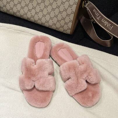 1 Pair Fluffy Soft Pink Women's House Slippers, Warm Comfortable Plush Open Toe Slip-On Slippers, Cozy Indoor/Outdoor Fuzzy Slippers, Lightweight Bedroom Floor Slippers