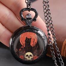 Reloj de bolsillo con cadena y colgante de gato negro estilo gótico con calavera y luna roja - Negro - Ver 5
