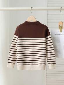1pc Fashionable Round Neck Striped Contrast Color Knit Cardigan For Baby Boys, Brown Long Sleeve Jacket