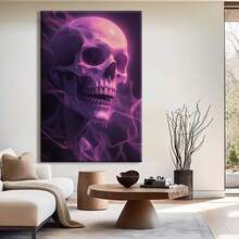 1 pieza Póster de arte de pared con cráneo gótico místico morado - Impresión en lienzo con marco de madera de tonos violeta y morado profundo, decoración gótica moderna para sala de estar, baño, regalos de Halloween y días festivos - Pintura contemporánea de cráneo etéreo, instalación de gancho fácil, decoración, diseño geométrico, obra de arte, decoración de dormitorio y accesorios, decoración del hogar y accesorios, decoración de pared, 2D plano, enmarcado, lienzo envuelto, pintura decorativa lista para colgar
