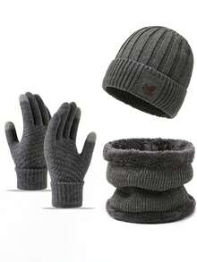 Set de 3 piezas de guantes, gorro y bufanda de lana tejida y forrada, adecuado para clima frío, unicolor, decoración casual de otoño