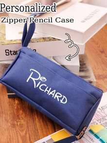 Estuche de lápices con cremallera personalizado, con nombre/iniciales personalizados, organizador escolar y de oficina de doble capa con cierre de cremallera , regalo de cumpleaños/Día del Maestro para estudiantes, profesionales, azul, rosa, amarillo, negro, bolsa de papelería, diseño de dos capas