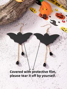 1 对亚克力黑色蝙蝠形流苏耳环，创意万圣节耳环 - 黑色 - 查看 4