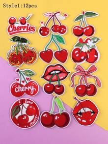 12pcs Red Letter Bow Cherry Embroidered Patches, DIY Iron-On Sewing Applique For Clothing, Shoes, Bags, Accessories - Multicolor - View 10