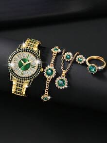 1 Set Women's Fashion Jewelry Set: Green Crystal Watch, Includes Necklace, Earrings, Bracelet And Ring, Suitable For Daily Wear, Birthday Gift, Party, Holiday Gathering, Also An Ideal Gift For Yourself Or Friends. Packaging Not Included. - 綠色 - 查看 1