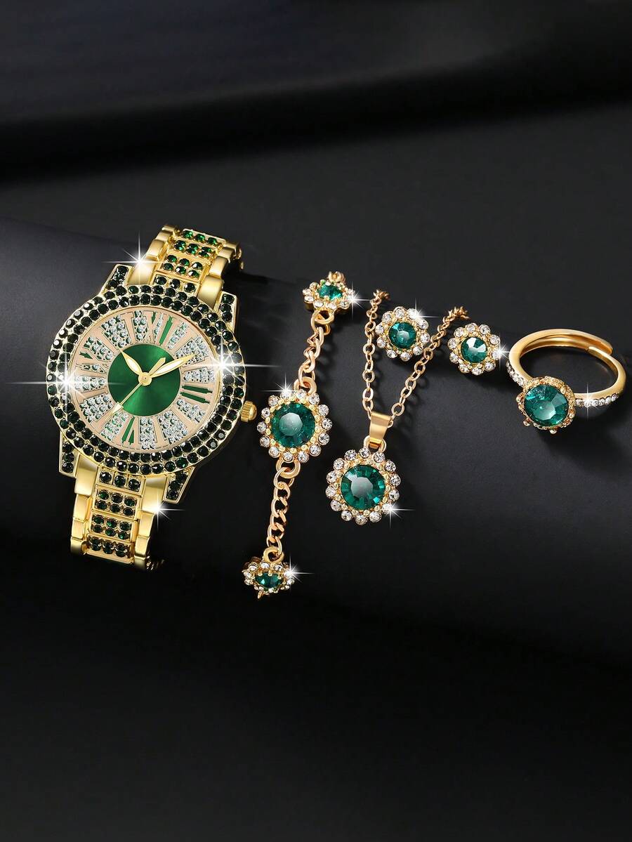 1 Set Women's Fashion Jewelry Set: Green Crystal Watch, Includes Necklace, Earrings, Bracelet And Ring, Suitable For Daily Wear, Birthday Gift, Party, Holiday Gathering, Also An Ideal Gift For Yourself Or Friends. Packaging Not Included. - 綠色 - 查看 1