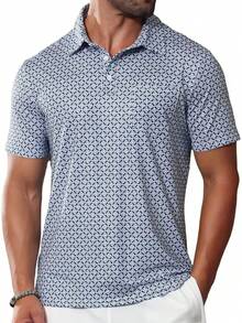 Mens Golf Shirt Short Sleeve Dry Fit Print Moisture Wicking Performance Patterns Collared Polo Shirt With Pocket-2025 - Sky Blue - View 10