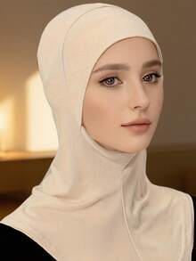 1pc Women Abaya Accessories Fashionable Solid Color Chin Strap Elastic Head Covering Scarf Hat Headband Soft Hijab Daily Under Cap Women Veil - Beige - View 8