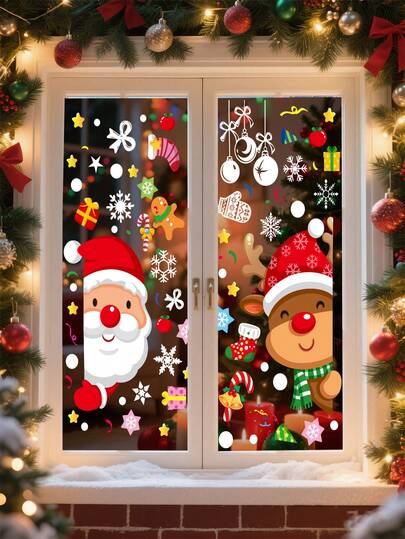 1 Set Christmas Window Stickers, Santa Claus, Candy, Reindeer, Snowflake Window Stickers, Painted Christmas Red Candy Stickers, Suitable For Christmas Home Office Decor, Winter Glass Window Decoration
