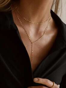 1 件不锈钢 18k 镀金双层项链长款多层项链优雅闪光链长吊坠锁骨项链女士日常佩戴珠宝 - Y Necklac - 查看 4