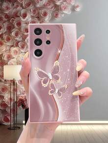 1个粉色奢华时尚简约闪亮蝴蝶图案波浪亮片软硅胶保护壳，适用于安卓智能手机，防指纹、防震、防摔，国际版，非国内版，春季生日礼物 - 粉色 - 查看 5