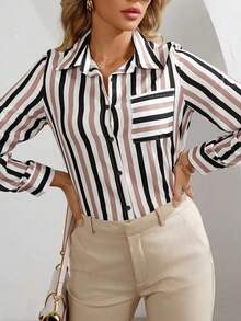 Plus Women's Striped Printed Flip Tie Button Shirt Top