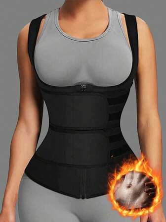 1 pieza Moldeador deportivo para mujer con cremallera, gancho y bucle, ajuste ceñido, sujetador de soporte, control de abdomen, camiseta sin mangas, cinturilla reductora para hacer ejercicio