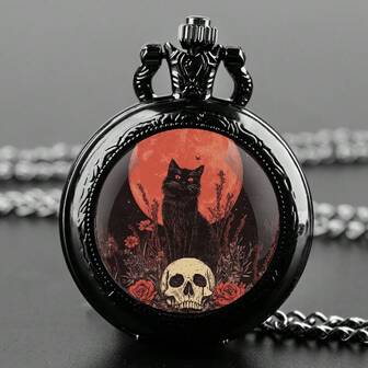 Gothic Style Black Cat With Skull & Red Moon Pocket Watch And Chain Necklace Watch