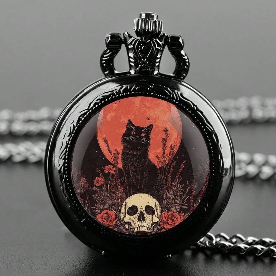 Reloj de bolsillo con cadena y colgante de gato negro estilo gótico con calavera y luna roja - Negro - Ver 1