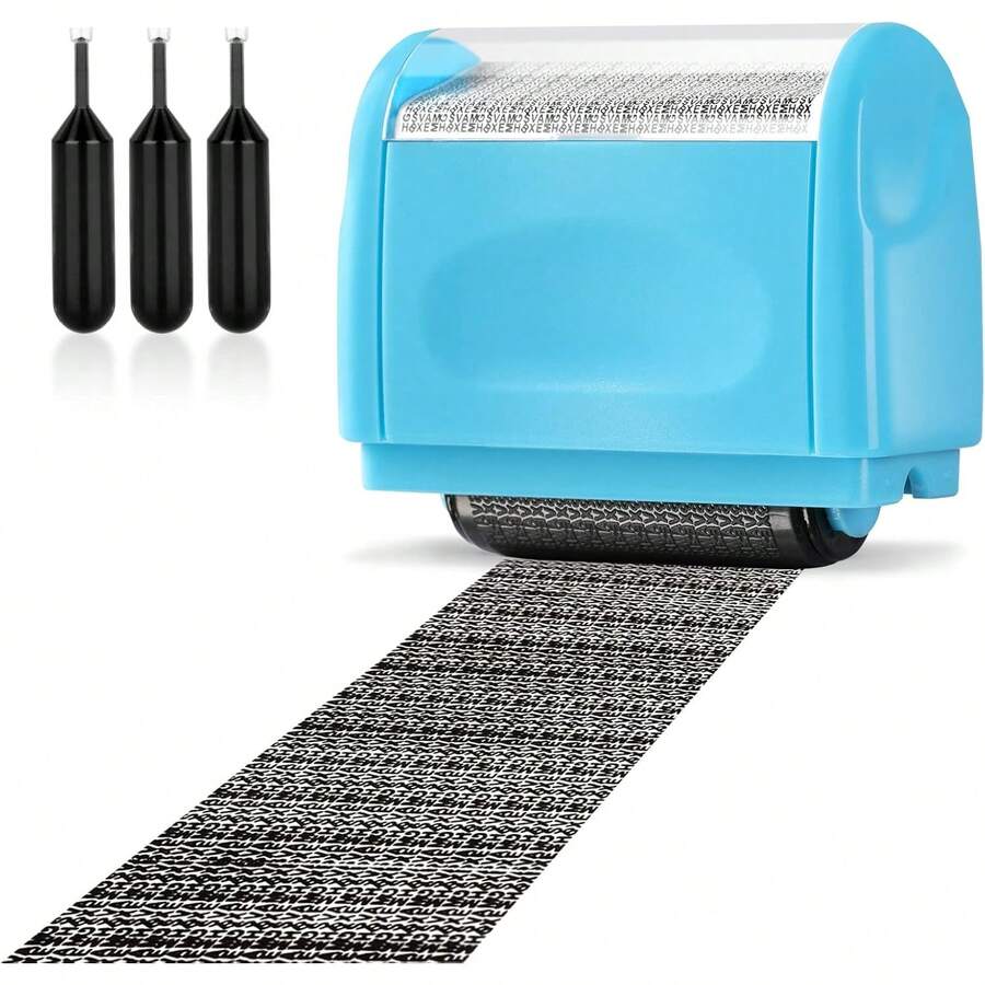Address Blocker Wide Roller Stamp - Confidential Data Defender With 3-Pack Refills For Anti Theft And Privacy Safety (Blue Stamp + 3 Refills) - 3 Refills - View 1