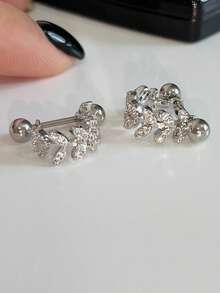 Nooxian 1 对女士软骨耳环，叶元素铜镶嵌锆石树枝和叶子螺丝耳钉，日常配饰礼物 - 銀色 - 查看 3