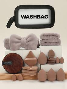 NEFOUME 21件套面部护理套装，包含防水洗漱包 + 8个化妆海绵（8个水滴形/圆形/锥形）| 防水腕带1对 + 蝴蝶结发带 | 多层收纳设计 | 清洁及发饰，价格实惠，适合作为圣诞礼物、化妆品、化妆工具等。