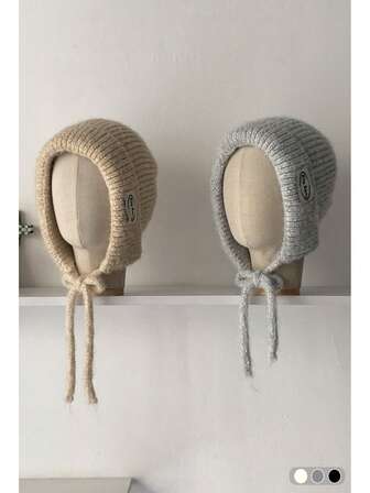 1pc Knitted Blend Sequin Embellished Balaclava Hat, Warm Knitted Beanie With Ear Flaps For Women, Autumn/Winter