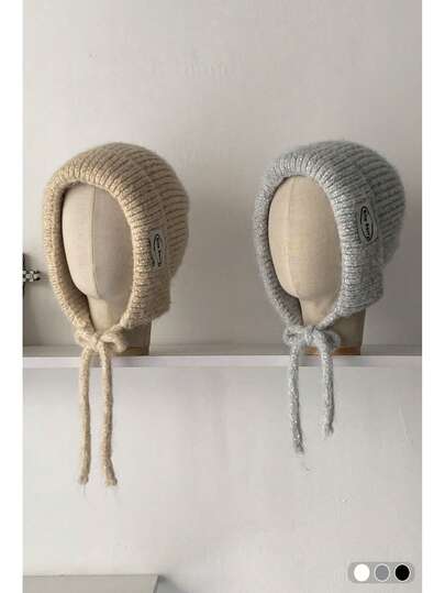 1pc Knitted Blend Sequin Embellished Balaclava Hat, Warm Knitted Beanie With Ear Flaps For Women, Autumn/Winter