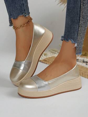 New Women's Color Block Platform Wedge Slip-On High Heel Shoes, Fashionable Thick-Soled Shoes For All Seasons