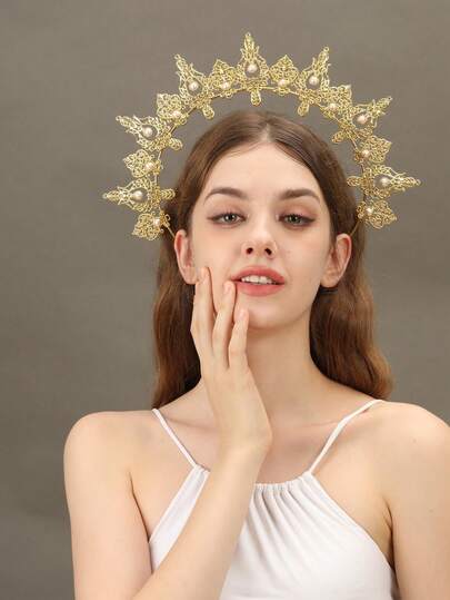 1 pieza Diadema con corona dorada de la Virgen María, accesorio de disfraz para eventos y fiestas, disfraz de Halloween