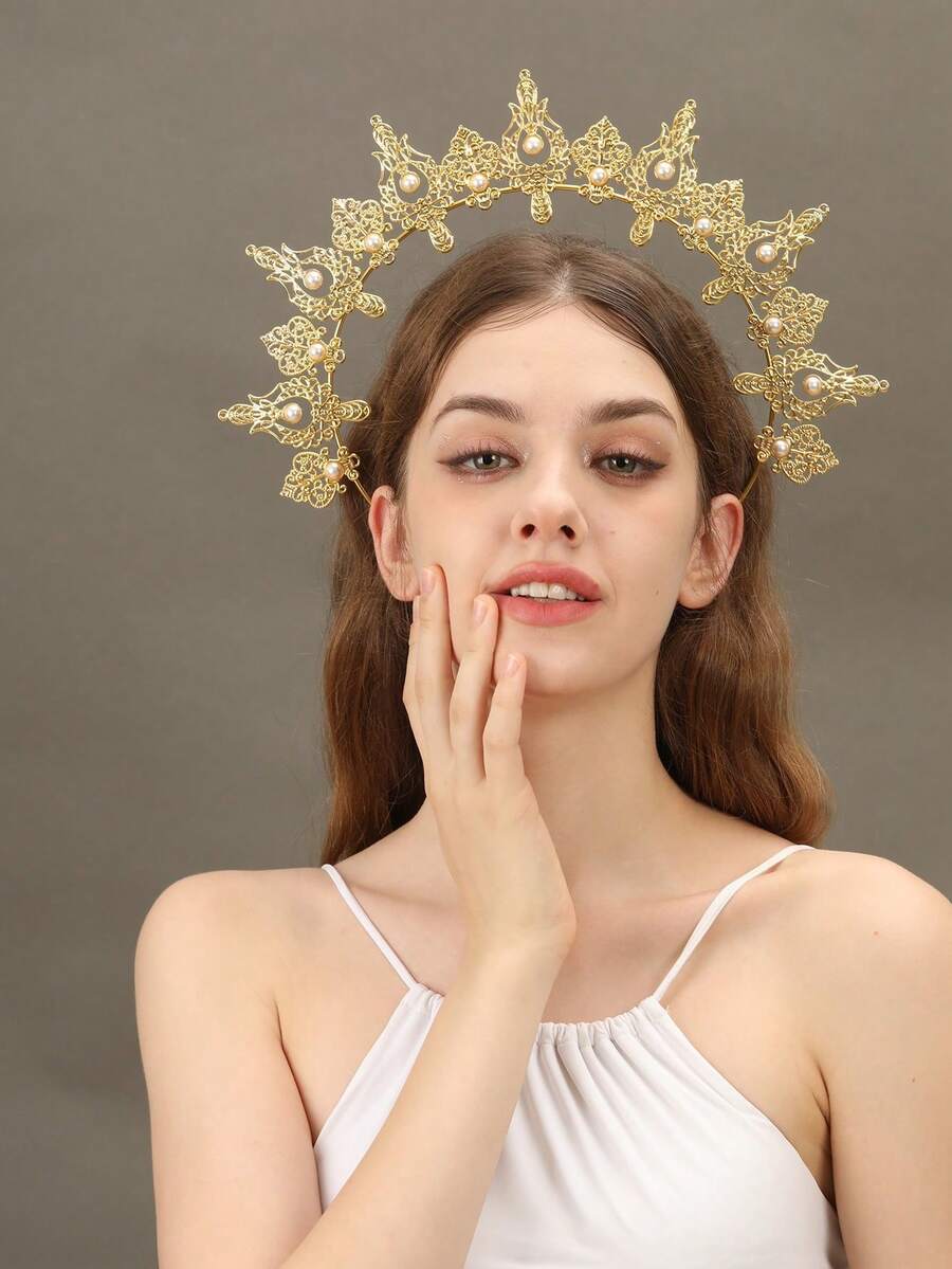 1 chiếc băng đô vương miện Đức Mẹ Đồng Trinh màu vàng, phụ kiện trang phục cho các sự kiện và tiệc tùng, tiệc hóa trang Halloween. - Vàng - Xem 1