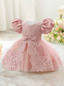 0-2岁女婴蕾丝泡泡袖迷你连衣裙，白色洗礼服，适合派对穿着 - 粉色 - 查看 3